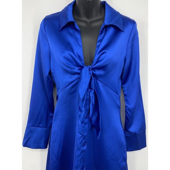 Zara Womens Royal Blue Satin Tie-Front Dress Small Mini V Sheath Sexy New - Picture 2 of 10